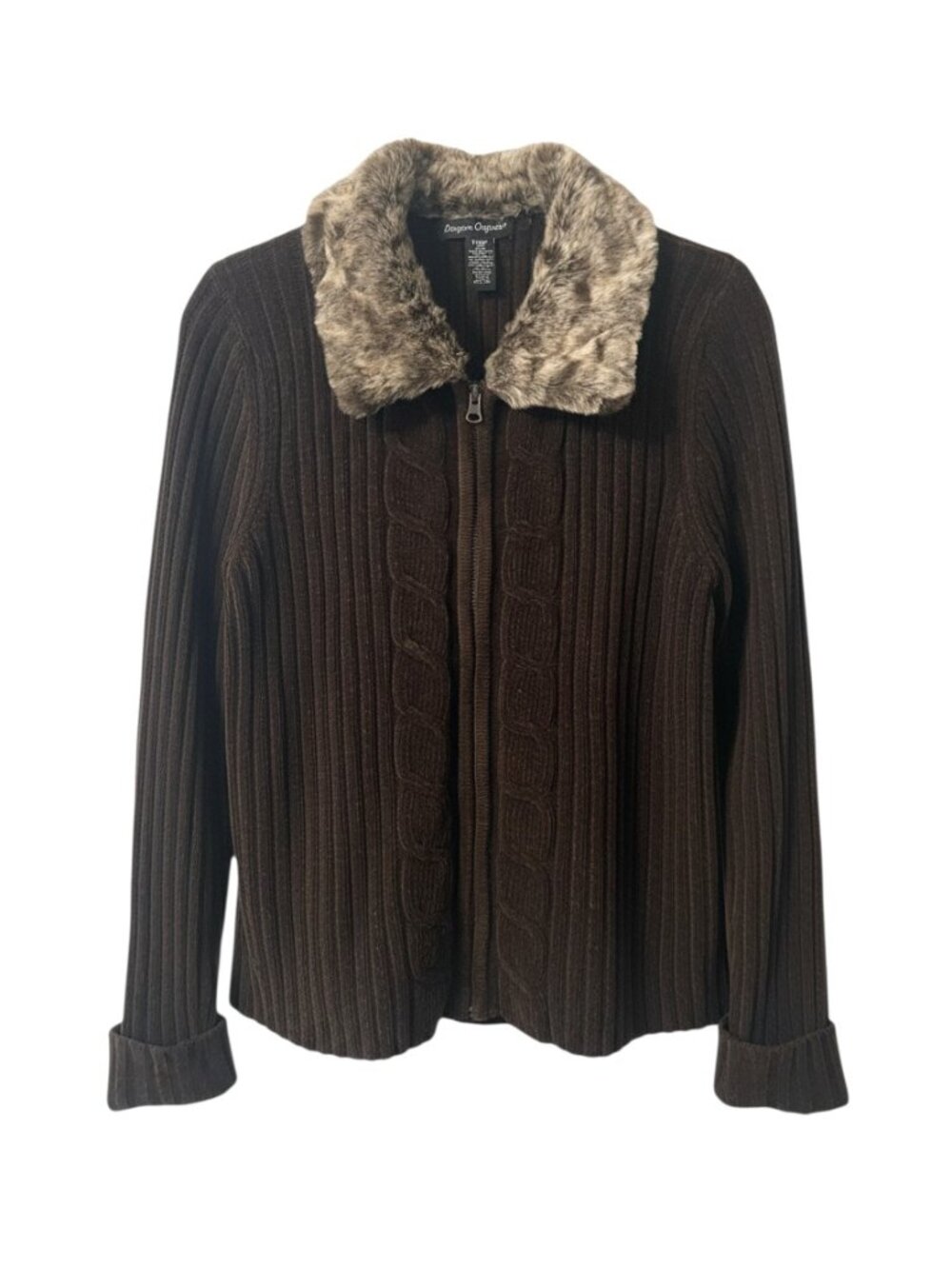 Designers Originals Brown Ribbed Faux Fur Collar Zip Up Cardigan Petite Medium